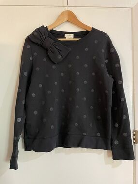 100% Cotton Black Crewneck Top with Black Sparkle Polkadots and Large Bow Detail